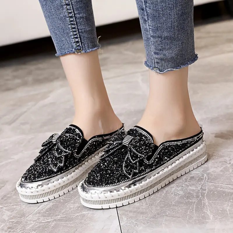 Baotou Slippers Women's New Autumn Round Head Sequin Deep Mouth Thick Sole Slip-on Lazy Shoes