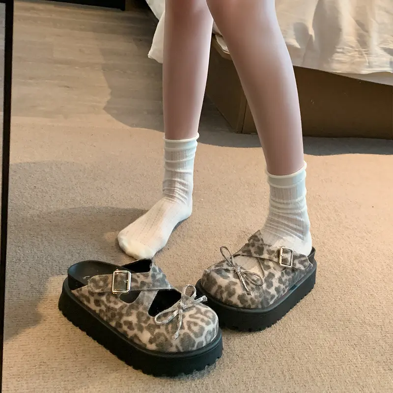 Women's Fashion Baotou Slippers Round Head Shallow Mouth Butterfly Knot Metal Buckle Waterproof Platform Flat Sandals