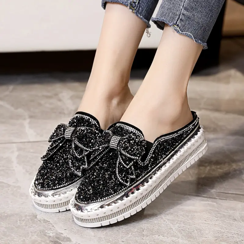 Baotou Slippers Women's New Autumn Round Head Sequin Deep Mouth Thick Sole Slip-on Lazy Shoes