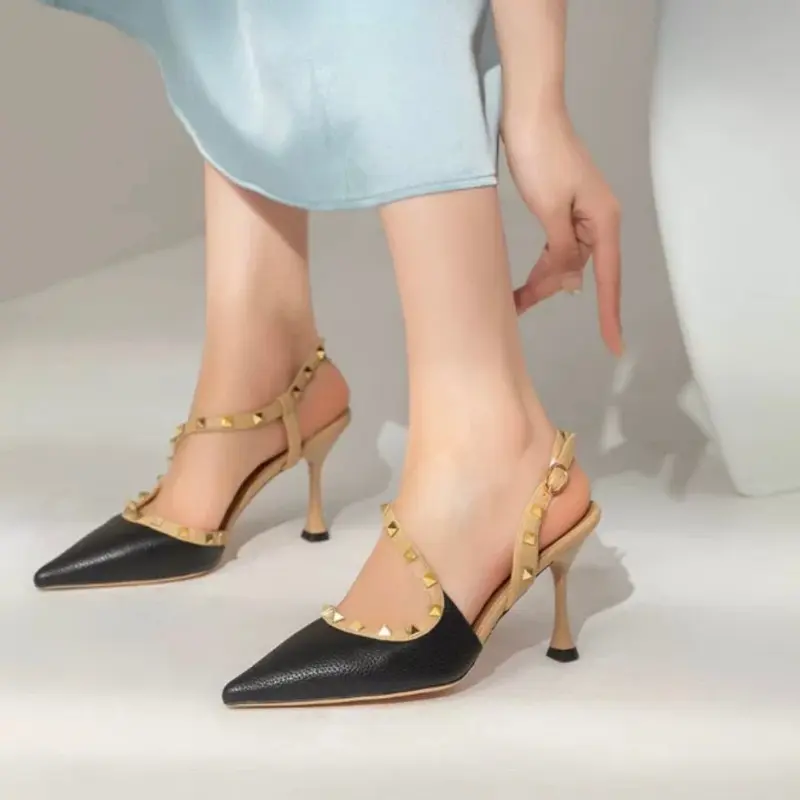 Women's Baotou Sandals Summer New Pointed Head Shallow Mouth Rivets A Line with Anti-slip Wear-resistant Stiletto Heels