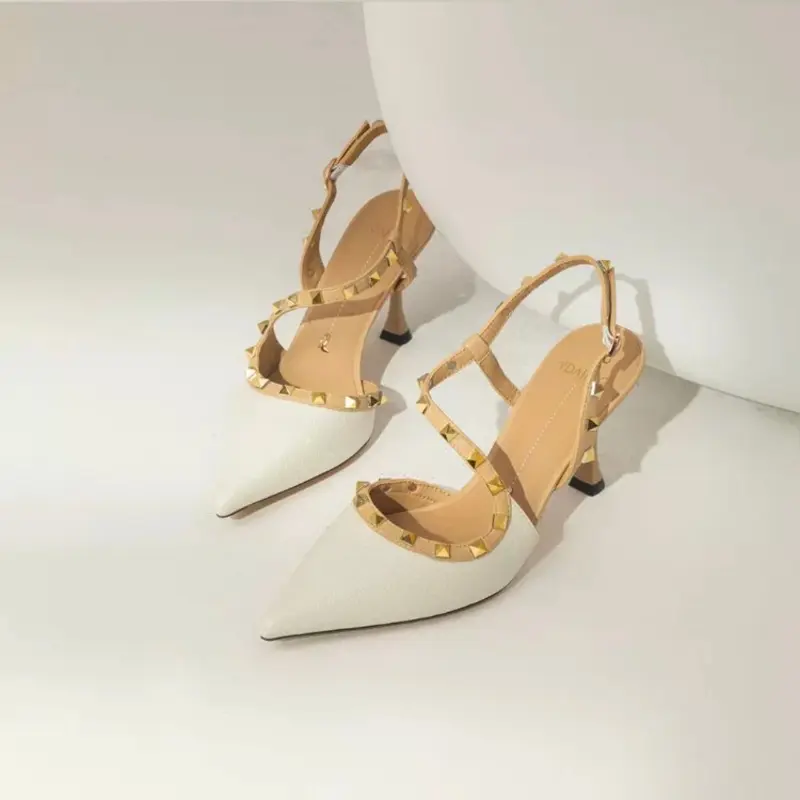 Women's Baotou Sandals Summer New Pointed Head Shallow Mouth Rivets A Line with Anti-slip Wear-resistant Stiletto Heels