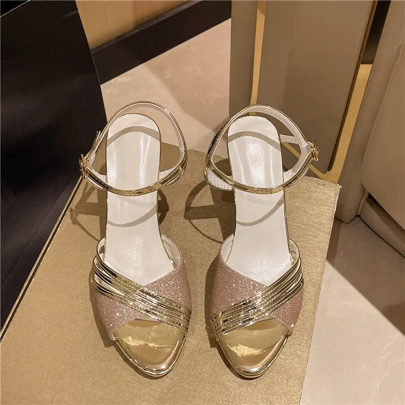 Women's fashion fish mouth high heels summer new light mouth glitter line with anti-slip wear-resistant sandals