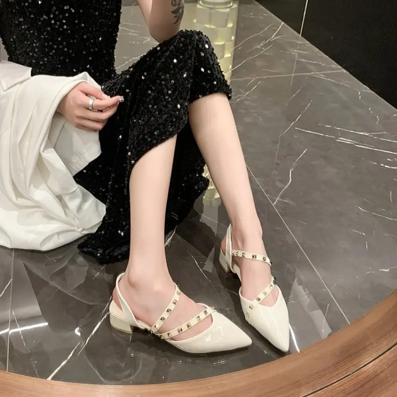 Baotou Mid-heel Shoes Spring New Pointed Head Shallow Mouth Rivet A Line with Anti-slip Wear-resistant Sandals