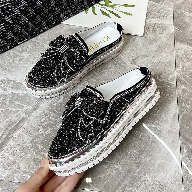 Baotou Slippers Women's New Autumn Round Head Sequin Deep Mouth Thick Sole Slip-on Lazy Shoes