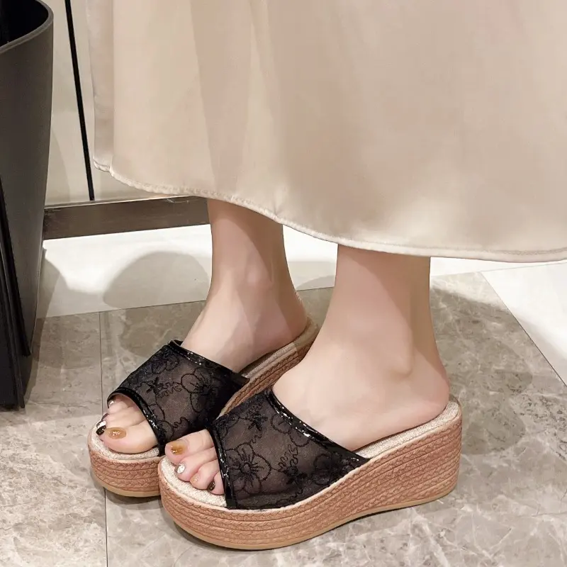 Women's Slope Heel Sandals Summer New Round Head Open Toe Net Cloth Embroidery Thick Sole Non-slip High-heeled Slippers