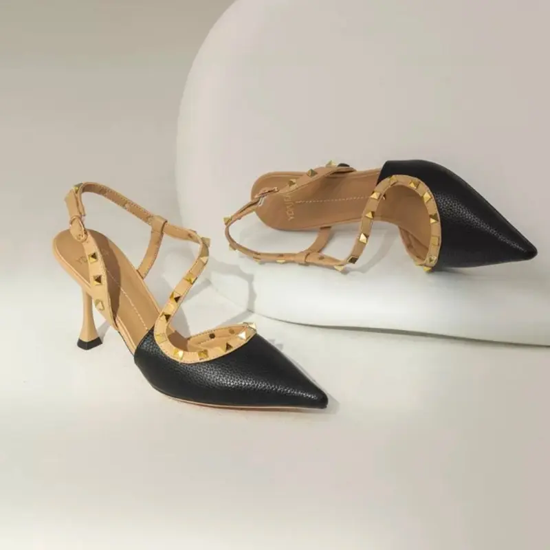 Women's Baotou Sandals Summer New Pointed Head Shallow Mouth Rivets A Line with Anti-slip Wear-resistant Stiletto Heels