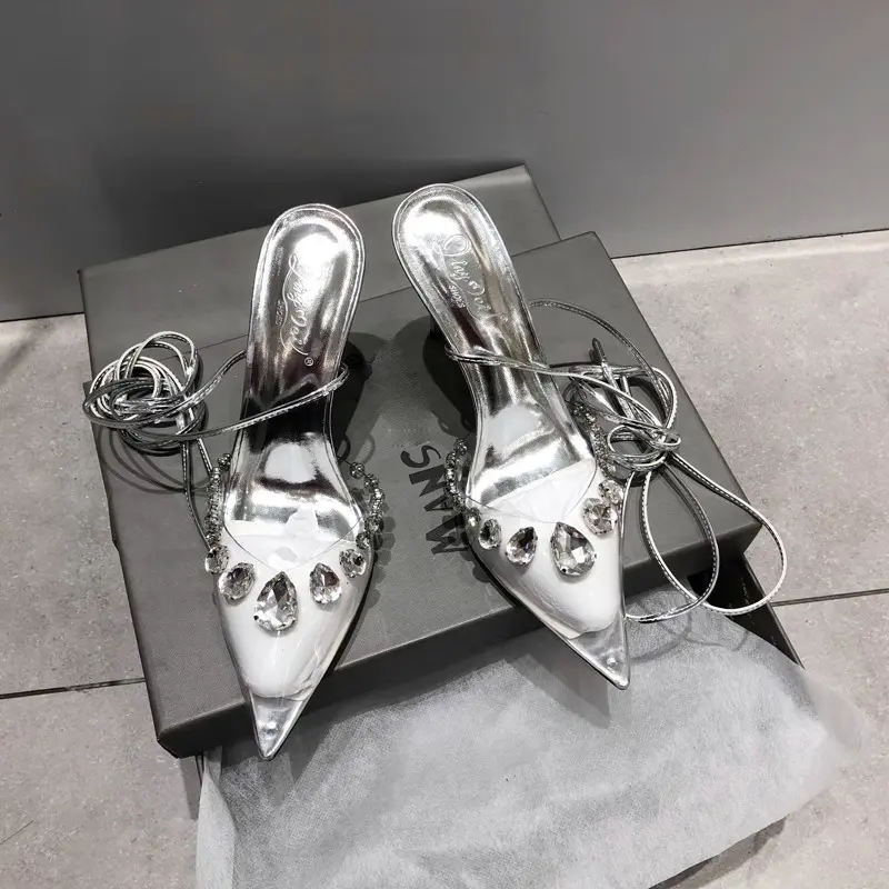 Women's Fashion Pointy Sequin Lacing Anti-slip and Wear-resistant High Heels with New Spring Bao Toe Stiletto Sandals