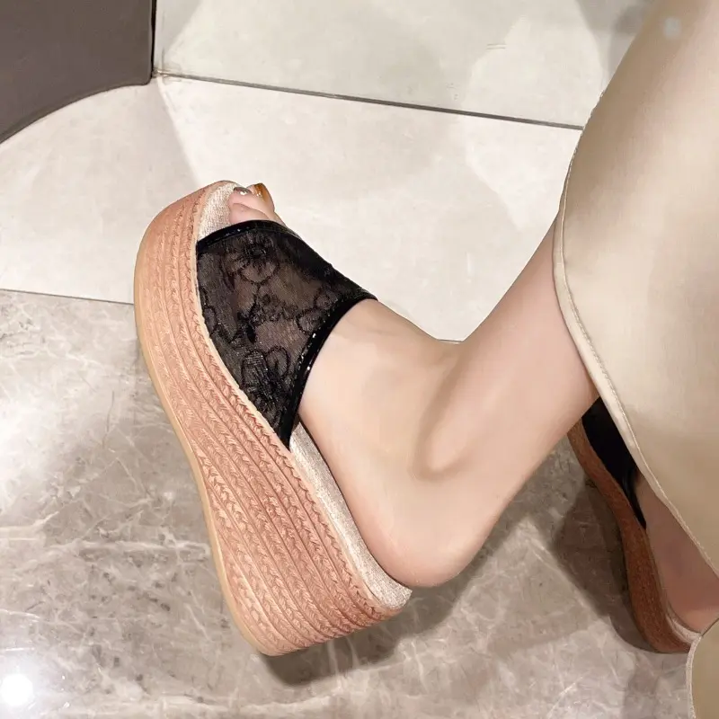 Women's Slope Heel Sandals Summer New Round Head Open Toe Net Cloth Embroidery Thick Sole Non-slip High-heeled Slippers