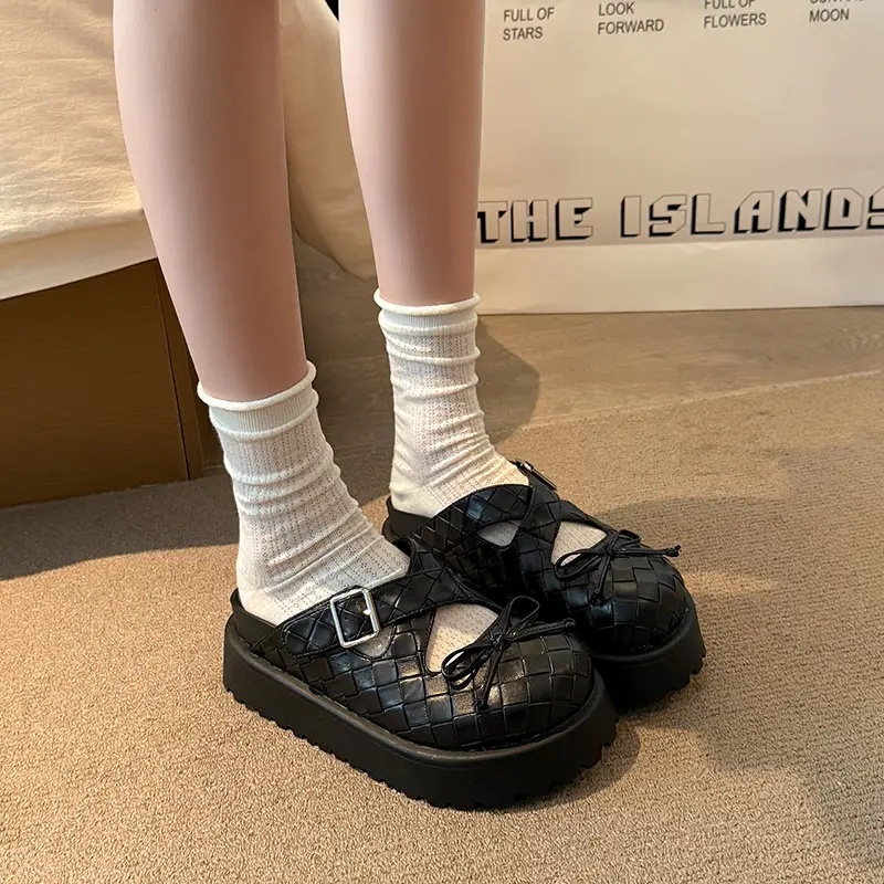 Women's Fashion Baotou Slippers Round Head Shallow Mouth Butterfly Knot Metal Buckle Waterproof Platform Flat Sandals