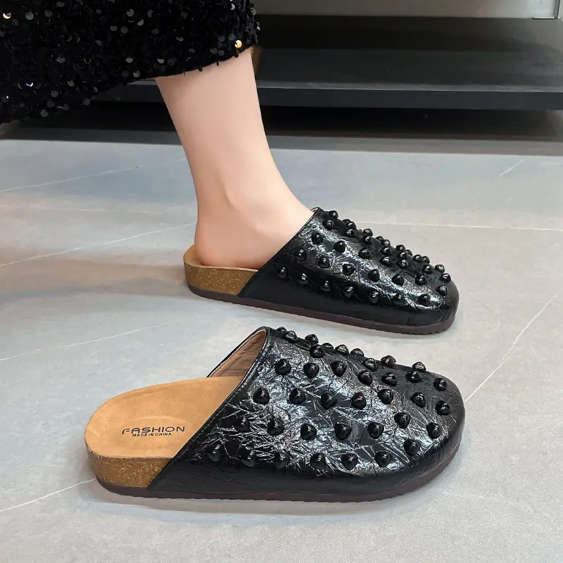 Low Heel Flat Bottom Baotou Breathable Slippers Women's Summer New Round Toe Shallow Rivet Lazy Slip-on Slip-on Shoes