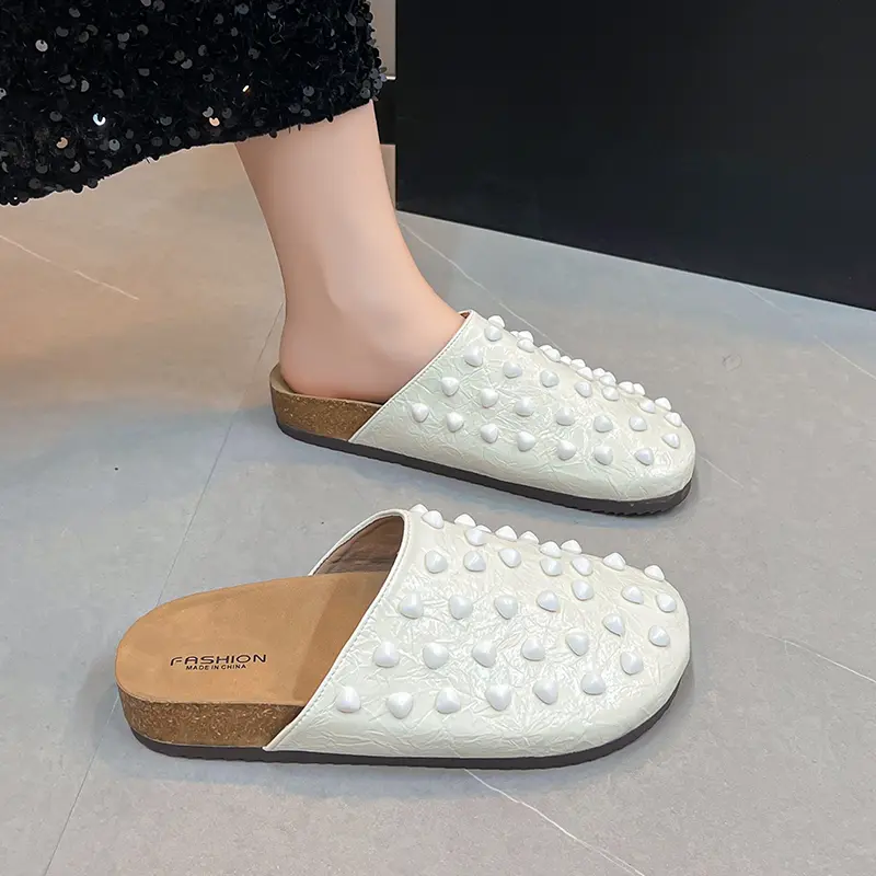 Low Heel Flat Bottom Baotou Breathable Slippers Women's Summer New Round Toe Shallow Rivet Lazy Slip-on Slip-on Shoes
