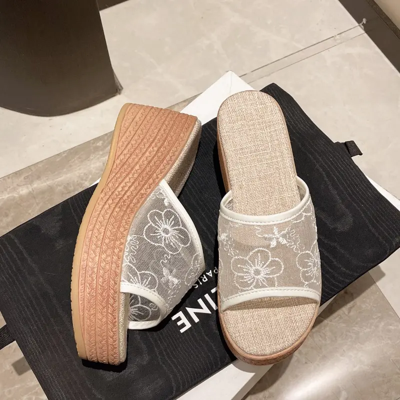 Women's Slope Heel Sandals Summer New Round Head Open Toe Net Cloth Embroidery Thick Sole Non-slip High-heeled Slippers