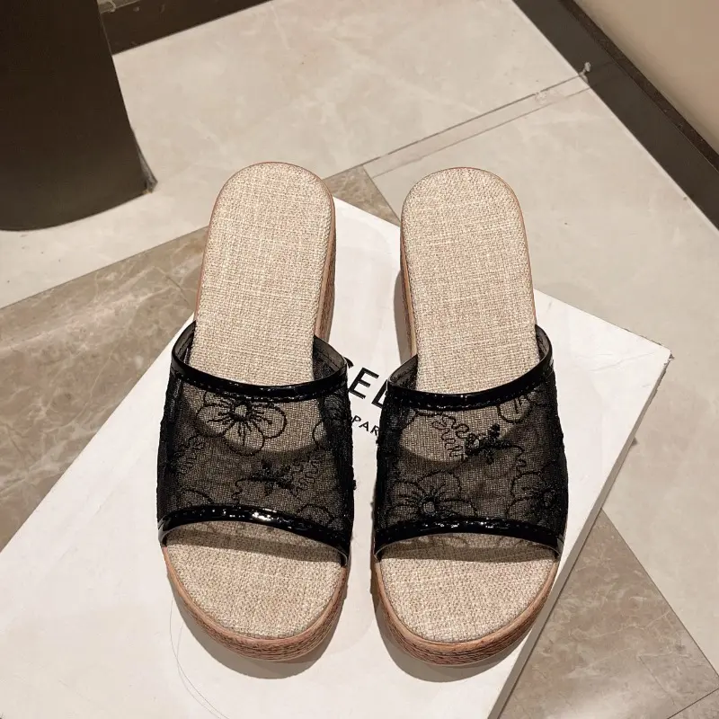 Women's Slope Heel Sandals Summer New Round Head Open Toe Net Cloth Embroidery Thick Sole Non-slip High-heeled Slippers