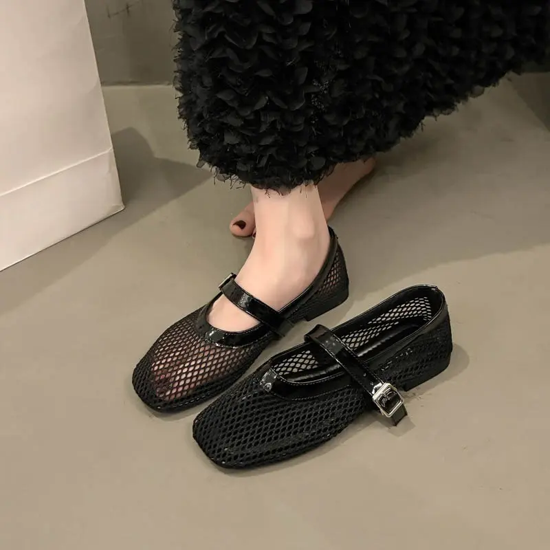 Summer New Flat Hollow Vintage Mary Women's Shoes Round Toe Shallow Mesh Breathable Versatile Fishnet Soft Sole Single Shoes