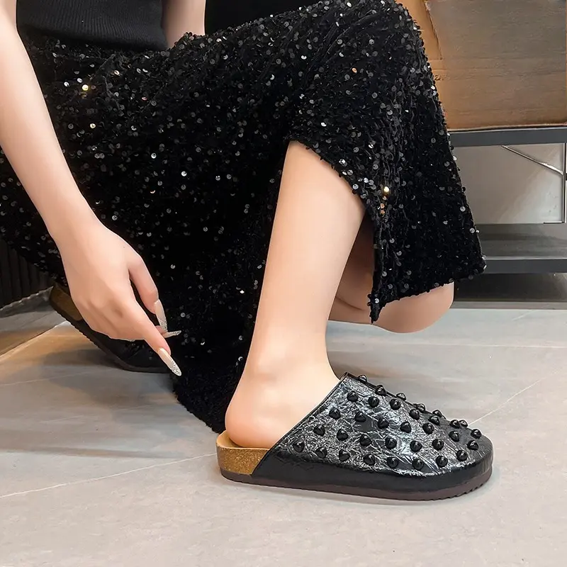 Low Heel Flat Bottom Baotou Breathable Slippers Women's Summer New Round Toe Shallow Rivet Lazy Slip-on Slip-on Shoes