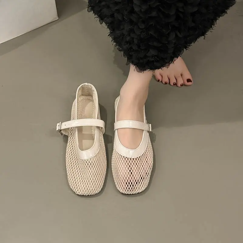 Summer New Flat Hollow Vintage Mary Women's Shoes Round Toe Shallow Mesh Breathable Versatile Fishnet Soft Sole Single Shoes