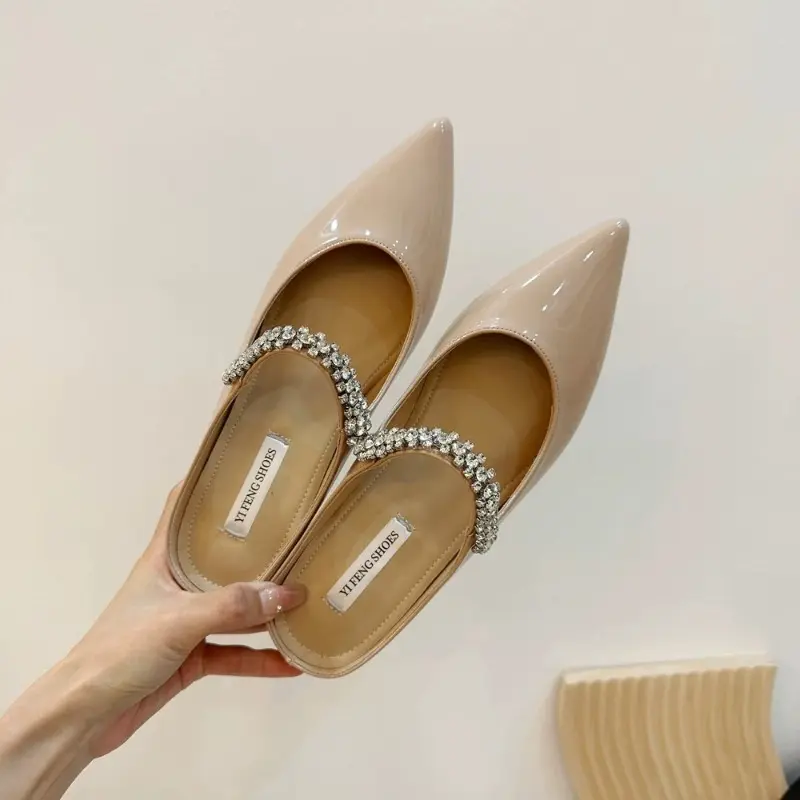 Baotou Half Drag Female Summer New Wear Outside Pointed Head Rhinestone Inside Increase Sandals