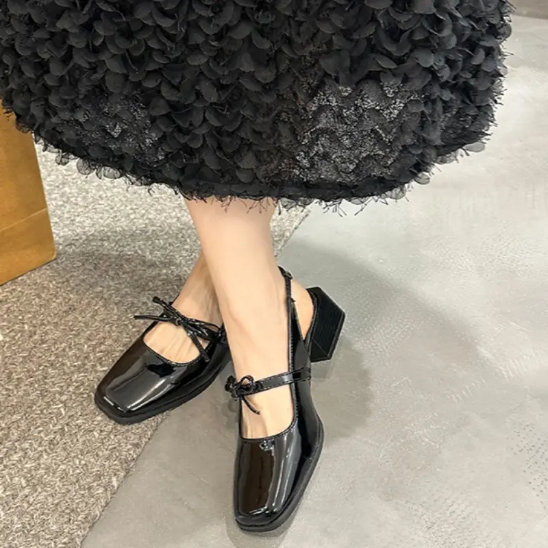 Spring Baotou Sandals New Square Head Shallow Mouth Butterfly Knot A Word Buckle Strap Anti-slip Wear Thick Heel Shoes