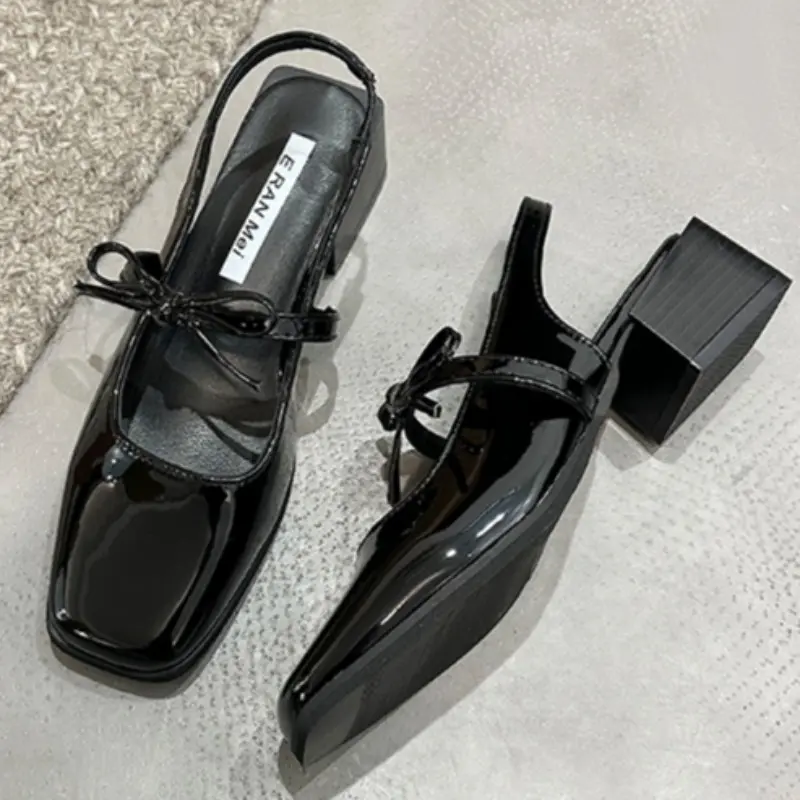 Spring Baotou Sandals New Square Head Shallow Mouth Butterfly Knot A Word Buckle Strap Anti-slip Wear Thick Heel Shoes
