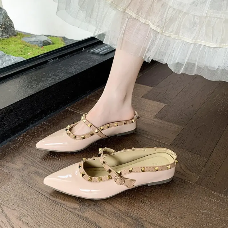 Inside Heightened Fashion Rivet Wrapped Head Drag Women Summer New Pointed Head Shallow One-word Buckle Belt Cool Drag