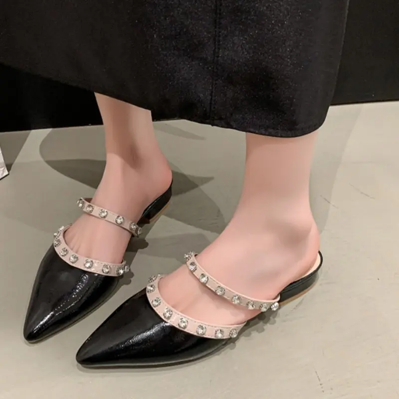 Baotou Low Heel Slippers Summer New Pointed Head Shallow Mouth Rivet Soft Sole Anti-slip Wear-resistant Sandals