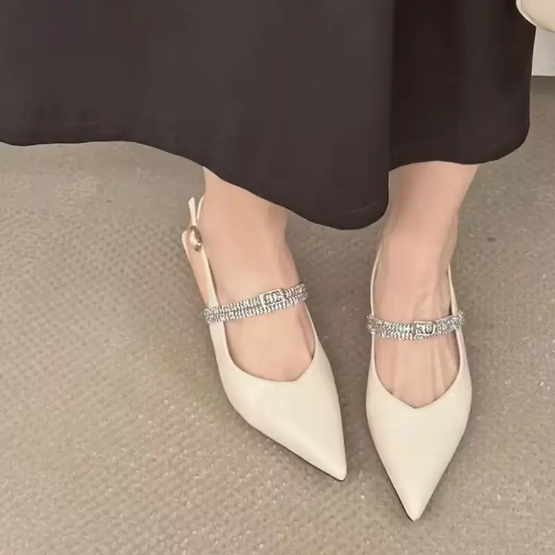 Stiletto Sandals Spring New Style Pointed Head Shallow Mouth Metal Buckle Crystal Belt Anti-slip Wear-resistant Heel Shoes