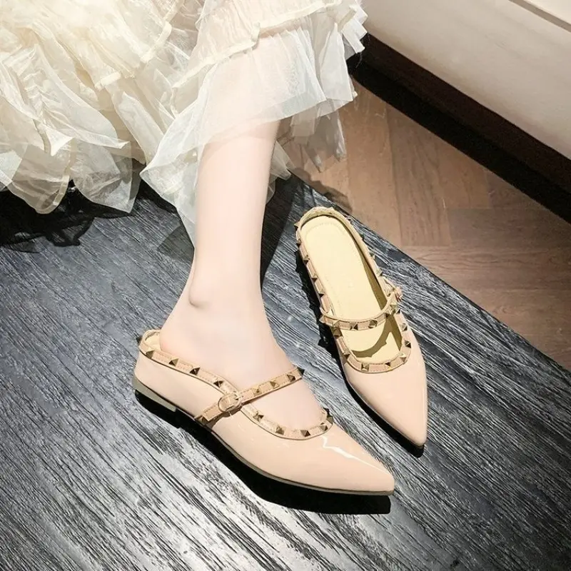 Inside Heightened Fashion Rivet Wrapped Head Drag Women Summer New Pointed Head Shallow One-word Buckle Belt Cool Drag