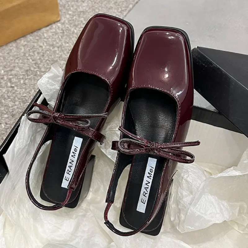 Spring Baotou Sandals New Square Head Shallow Mouth Butterfly Knot A Word Buckle Strap Anti-slip Wear Thick Heel Shoes