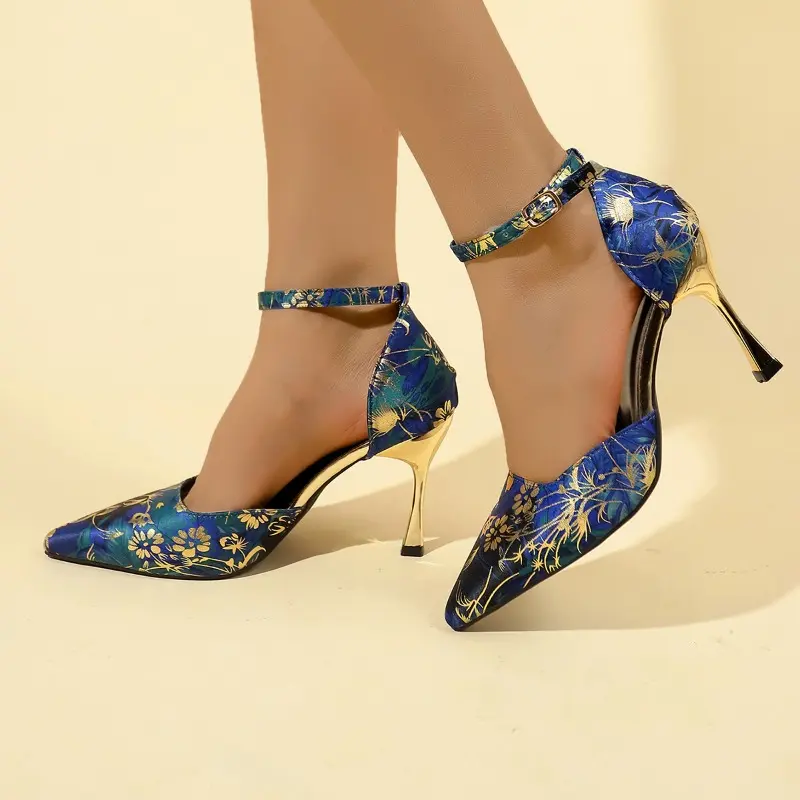 Spring New Baotou Sandals for Women Fashion Pointy Shallow Mouth with Printed Non-slip Wear-resistant High Heels