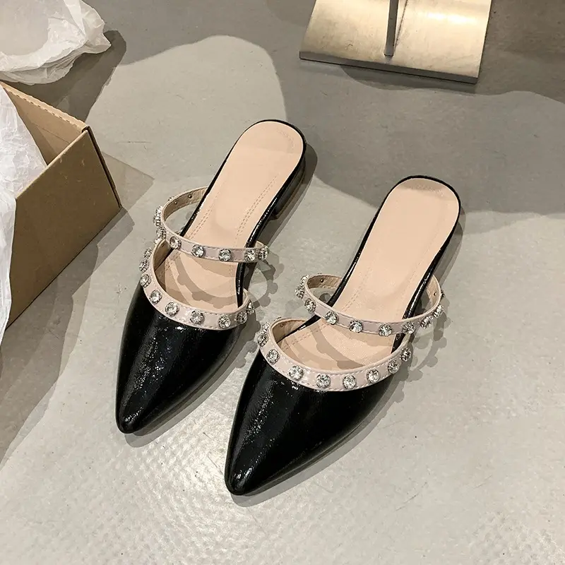 Baotou Low Heel Slippers Summer New Pointed Head Shallow Mouth Rivet Soft Sole Anti-slip Wear-resistant Sandals