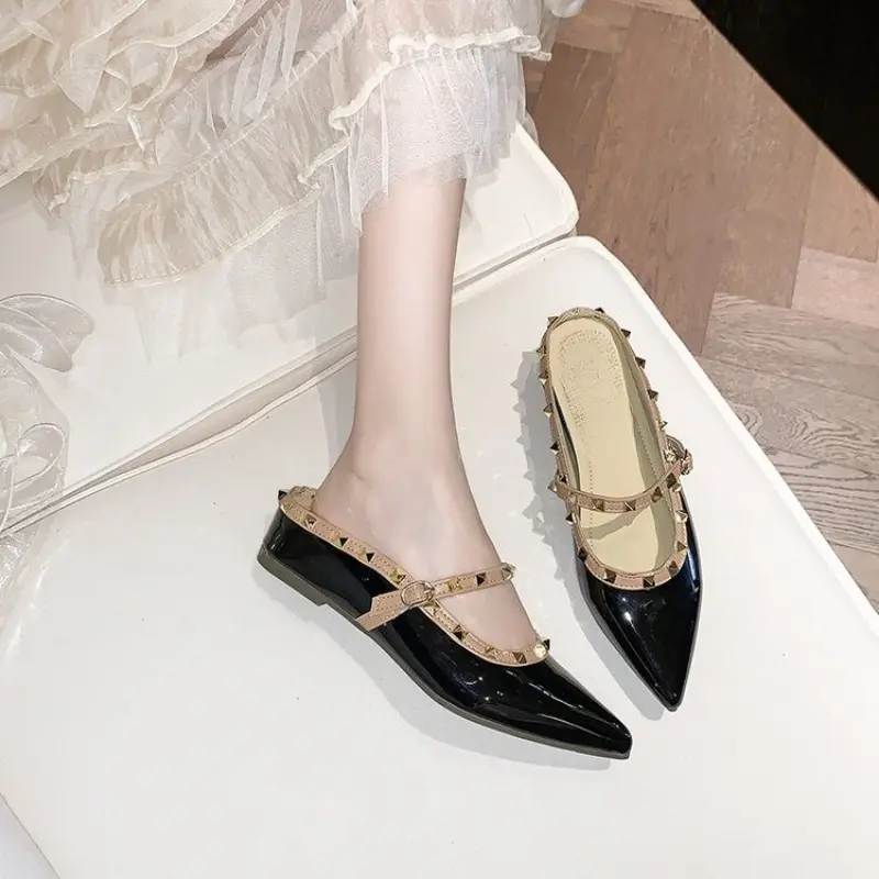 Inside Heightened Fashion Rivet Wrapped Head Drag Women Summer New Pointed Head Shallow One-word Buckle Belt Cool Drag