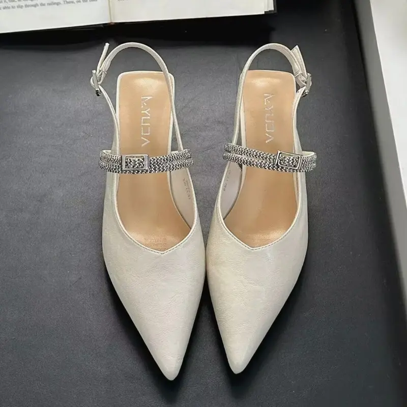Stiletto Sandals Spring New Style Pointed Head Shallow Mouth Metal Buckle Crystal Belt Anti-slip Wear-resistant Heel Shoes