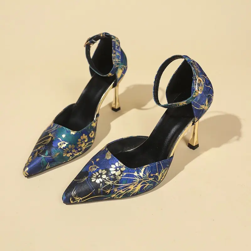 Spring New Baotou Sandals for Women Fashion Pointy Shallow Mouth with Printed Non-slip Wear-resistant High Heels