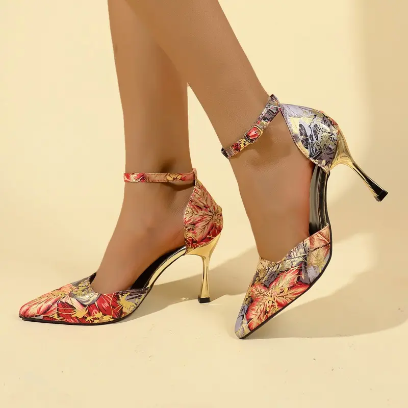 Spring New Baotou Sandals for Women Fashion Pointy Shallow Mouth with Printed Non-slip Wear-resistant High Heels