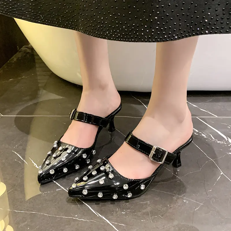 Summer New Baotou Sandals Women's Pointed Head Shallow Mouth Crystal Buckle Anti-slip Wear-resistant High Heels