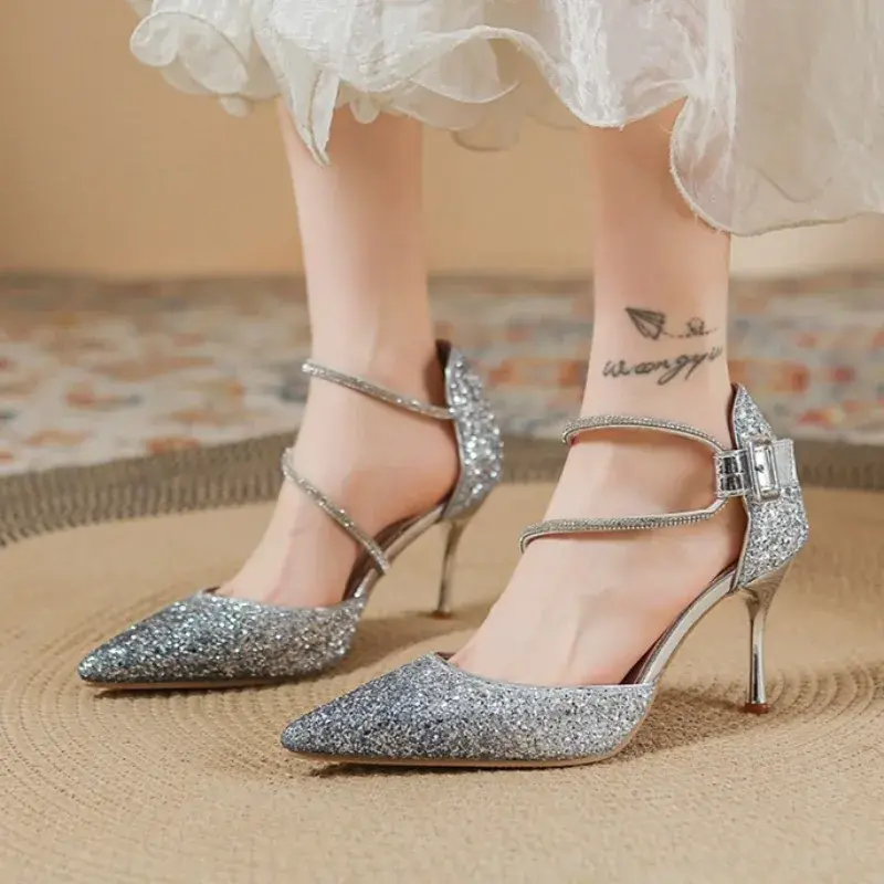 Women's Summer New Pointed Toe Shallow Mouth Sequin Crystal Wedding Shoes Versatile Stiletto Shoes High Heels