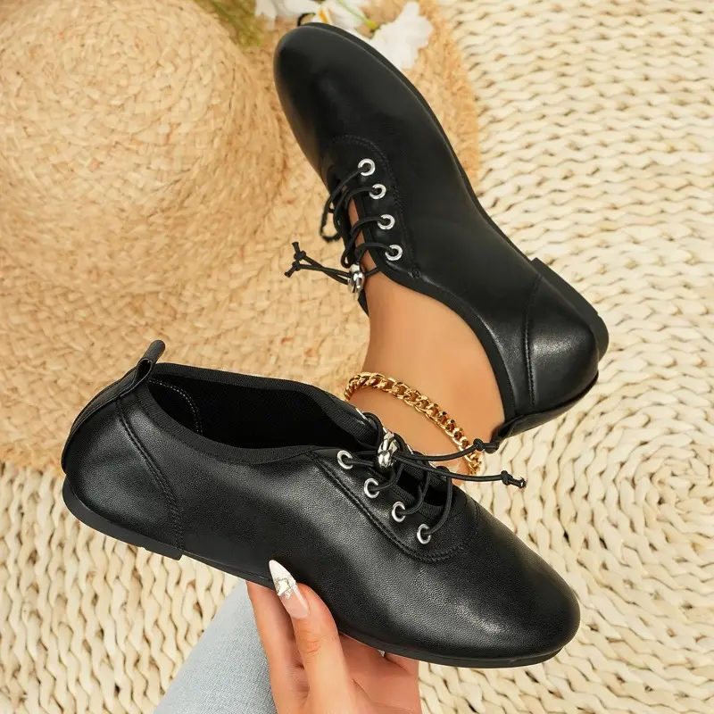 Spring New Flat Shoes Women's Fashion Round Head Deep Mouth Before Lacing Soft Sole Anti-slip Wear-resistant Single Shoes