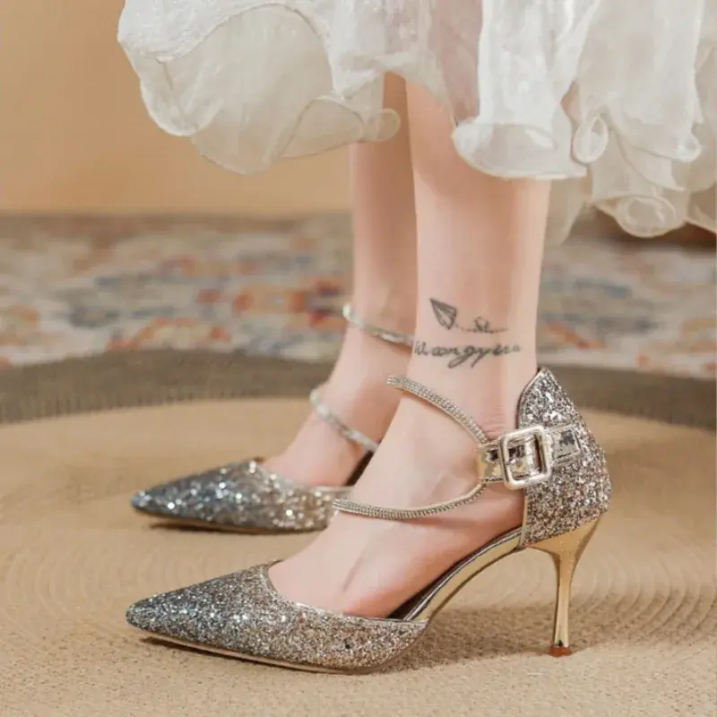 Women's Summer New Pointed Toe Shallow Mouth Sequin Crystal Wedding Shoes Versatile Stiletto Shoes High Heels