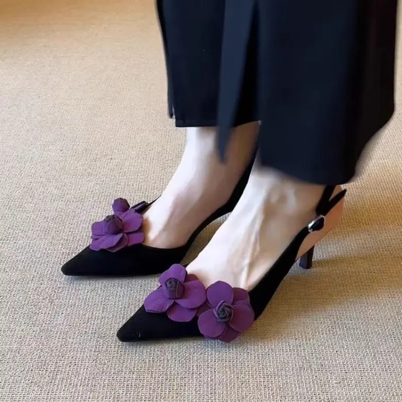 Retro Pointed Toe Stereo Flower Baotou Sandals Women Stiletto Heel Back Trip Strap with Skirt Sandals Women Outside Wear