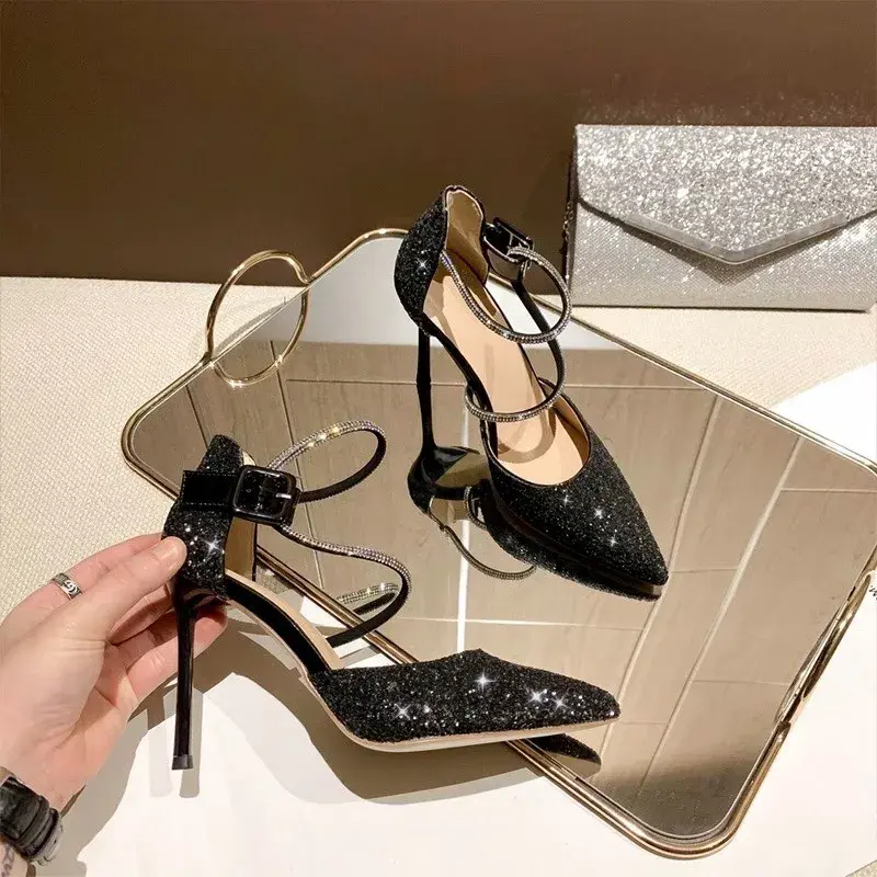 Women's Summer New Pointed Toe Shallow Mouth Sequin Crystal Wedding Shoes Versatile Stiletto Shoes High Heels