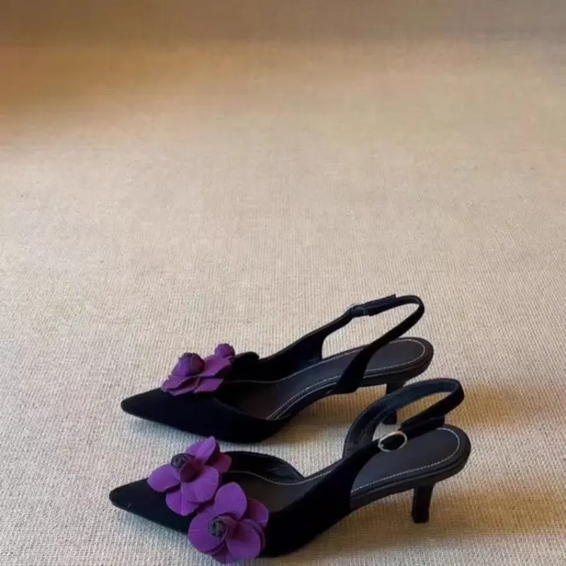 Retro Pointed Toe Stereo Flower Baotou Sandals Women Stiletto Heel Back Trip Strap with Skirt Sandals Women Outside Wear