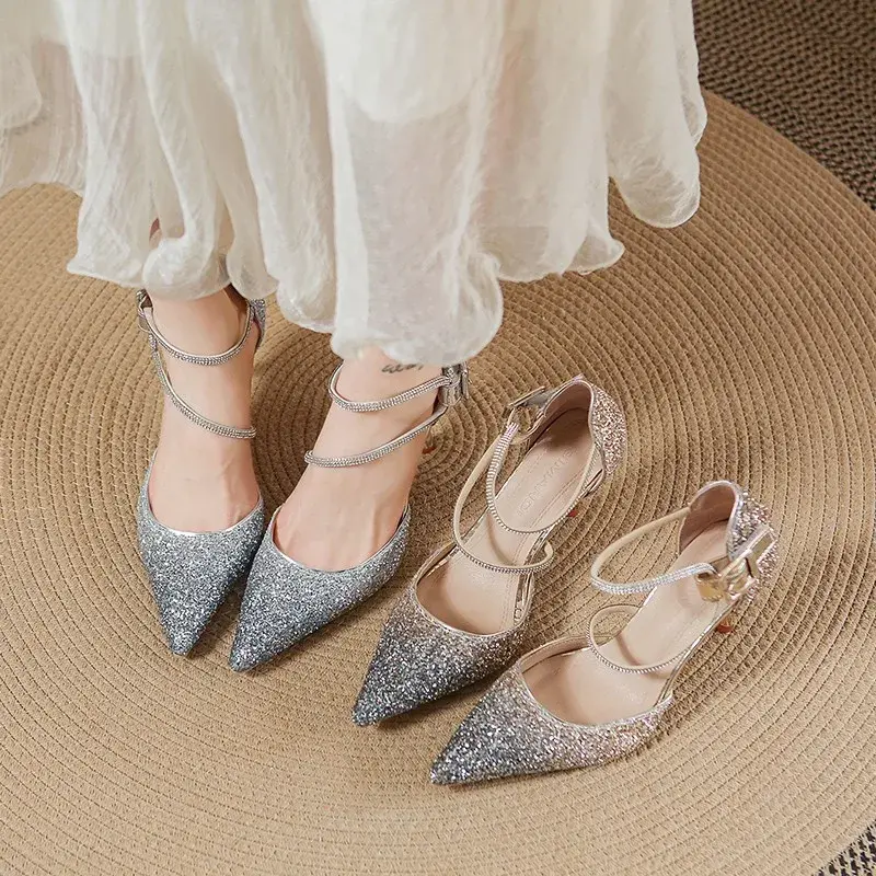 Women's Summer New Pointed Toe Shallow Mouth Sequin Crystal Wedding Shoes Versatile Stiletto Shoes High Heels