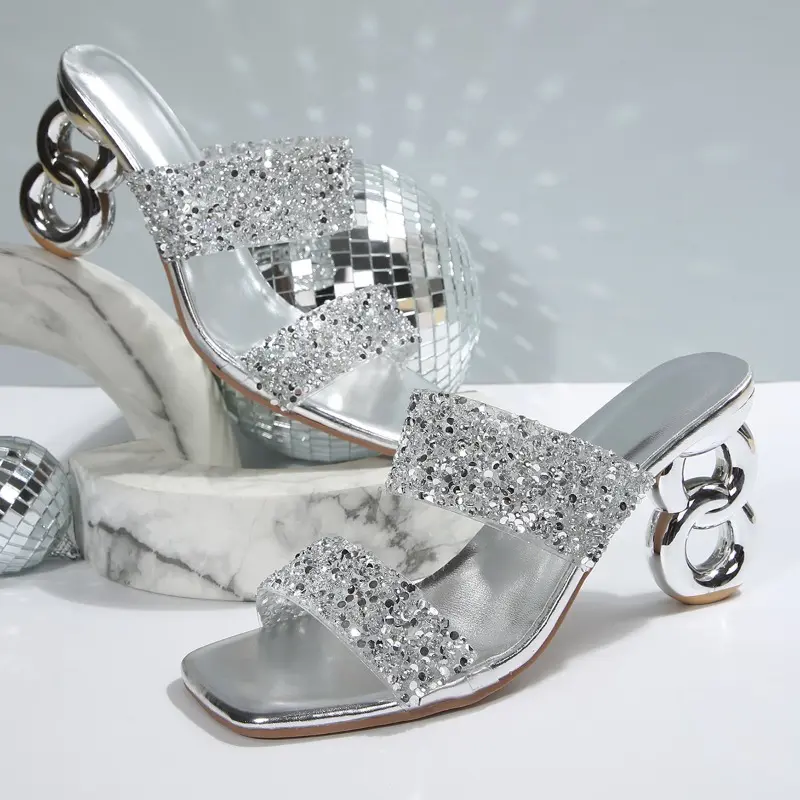 Women's Sequin Sequin Strap High Heels Summer New Square Toe Open Toe Non-slip Wear-resistant Special Heel Slippers