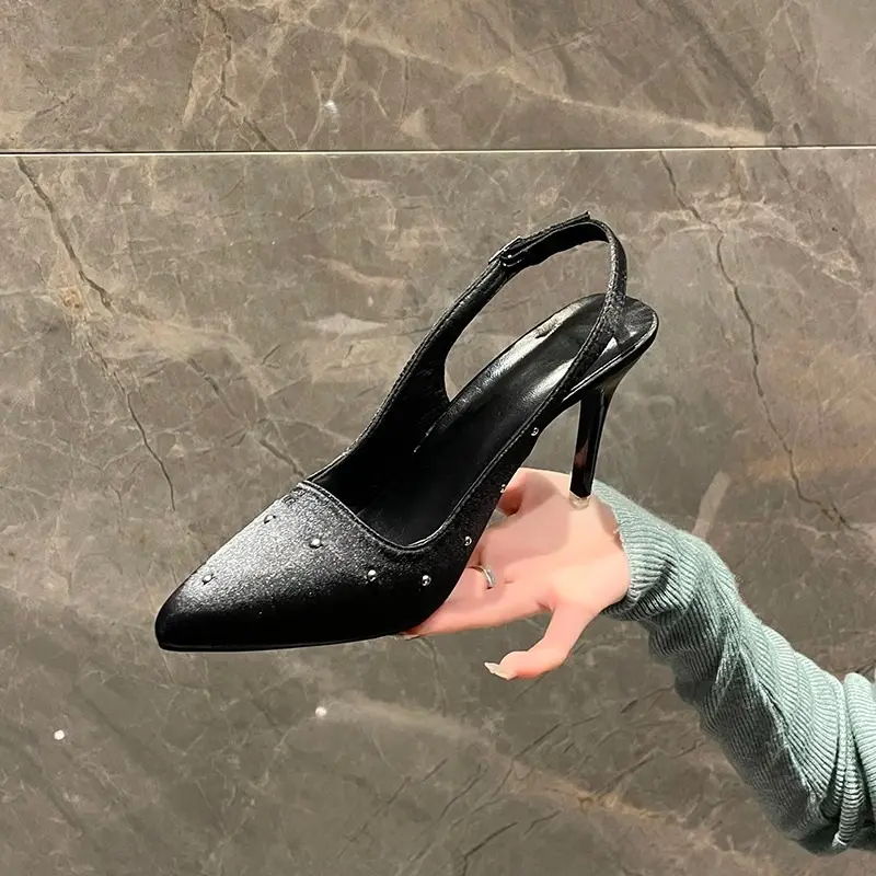 Women's Fashion Pointed Head Shallow Mouth Rivet Metal Buckle A Line with Anti-slip Wear-resistant High Heels
