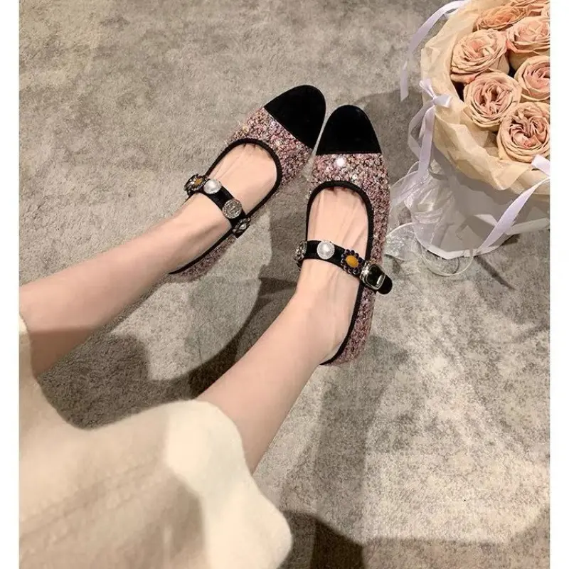 Spring New Flat Shoes Women's Fashion Round Head Splicing Sequin Cloth Metal Buckle Soft Sole Non-slip Shoes
