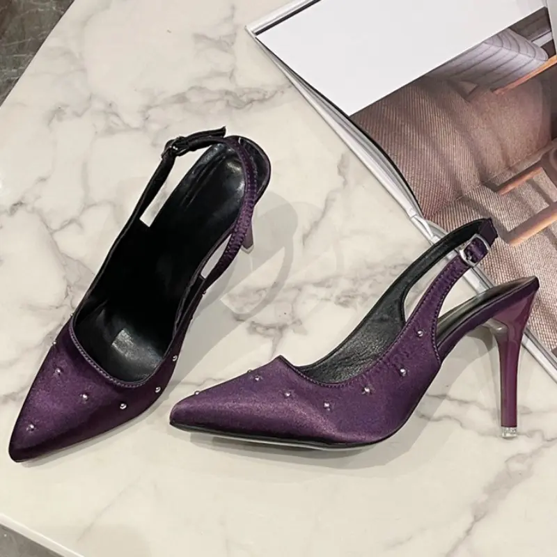 Women's Fashion Pointed Head Shallow Mouth Rivet Metal Buckle A Line with Anti-slip Wear-resistant High Heels