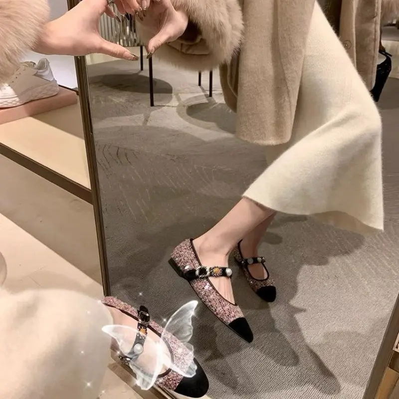 Spring New Flat Shoes Women's Fashion Round Head Splicing Sequin Cloth Metal Buckle Soft Sole Non-slip Shoes