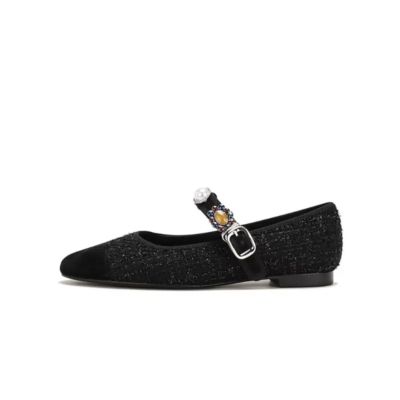 Spring New Flat Shoes Women's Fashion Round Head Splicing Sequin Cloth Metal Buckle Soft Sole Non-slip Shoes