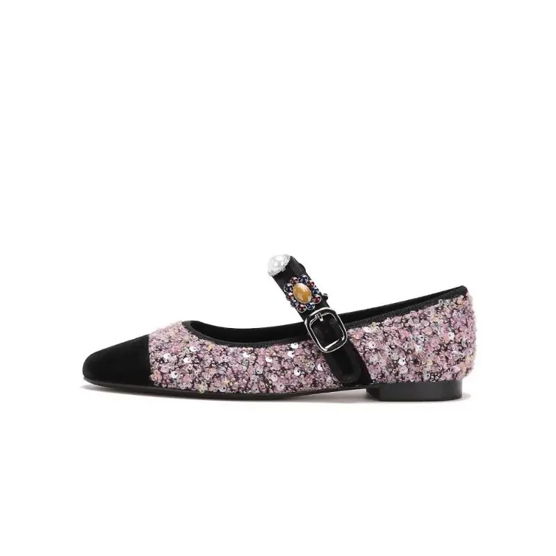 Spring New Flat Shoes Women's Fashion Round Head Splicing Sequin Cloth Metal Buckle Soft Sole Non-slip Shoes