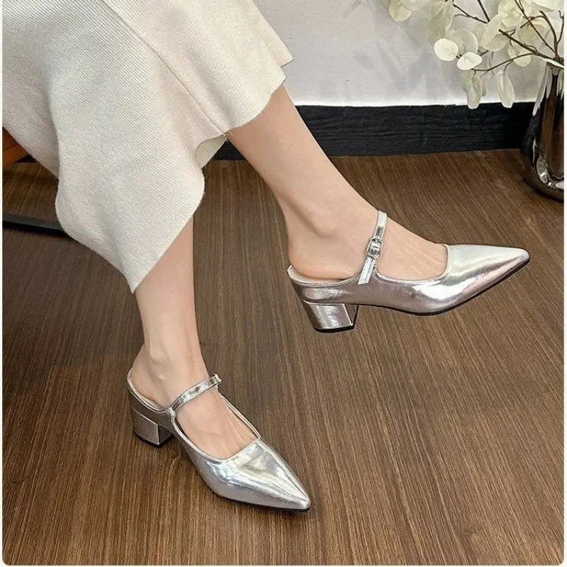 Wearing Baotou High-heeled Shoes for Women in Summer New Pointed Toe Shallow Mouth with Square Heel Slippers